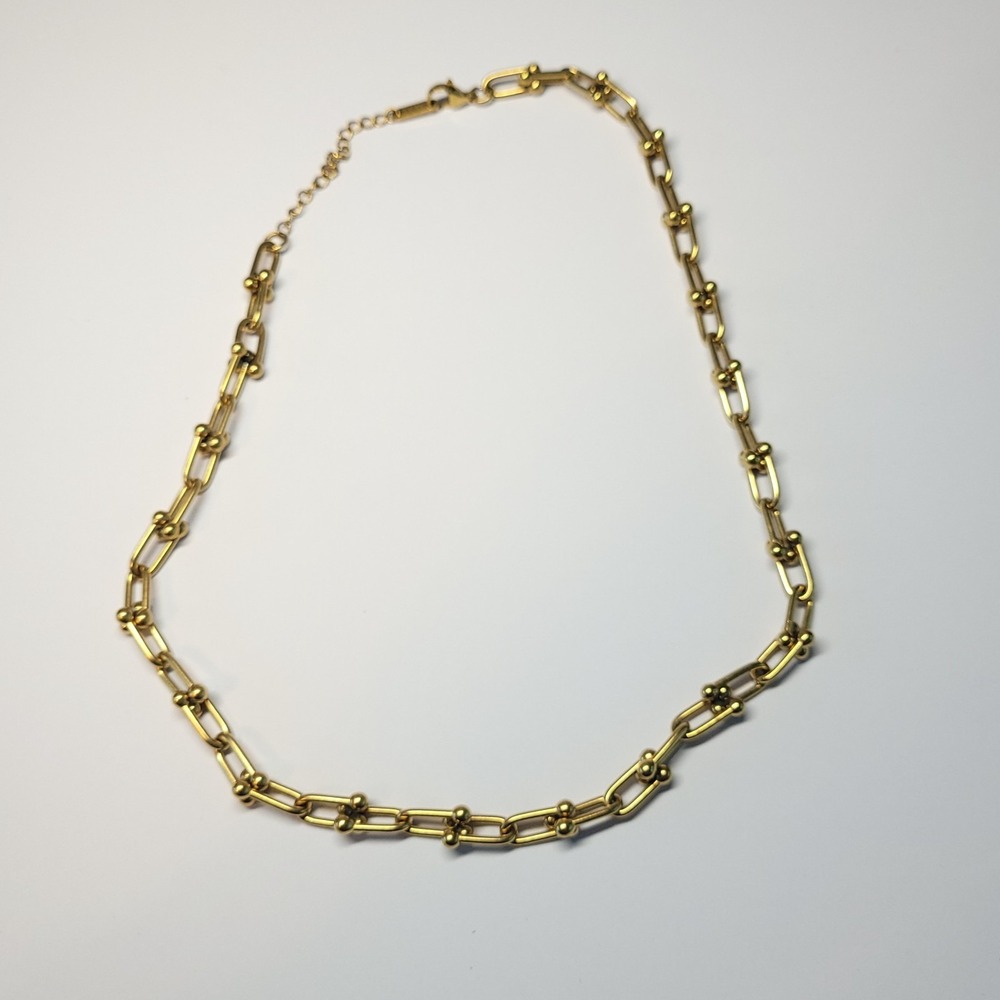 Stainless Steel Gold Tone Paperclip Link Necklace 17" Ball Cluster Chain